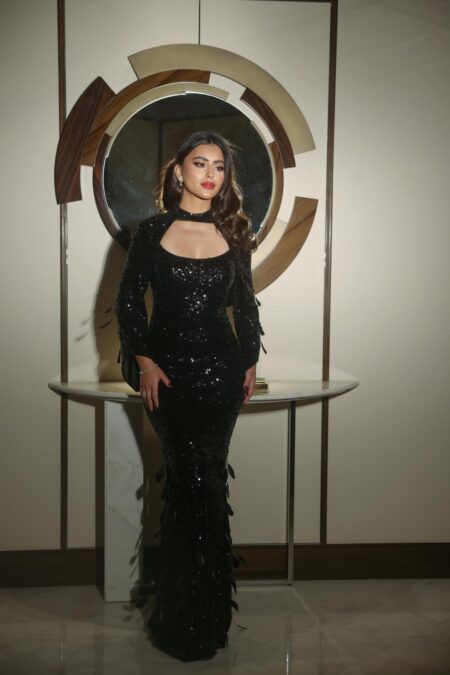 فستان سهره صيفي بتصميم راقيه ومميز اكمام طويله ترتر اسود بإضافه ريش
